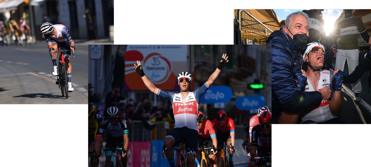 Jasper Stuyven cross the finish line as the victor of the 2021 Milan Sanremo