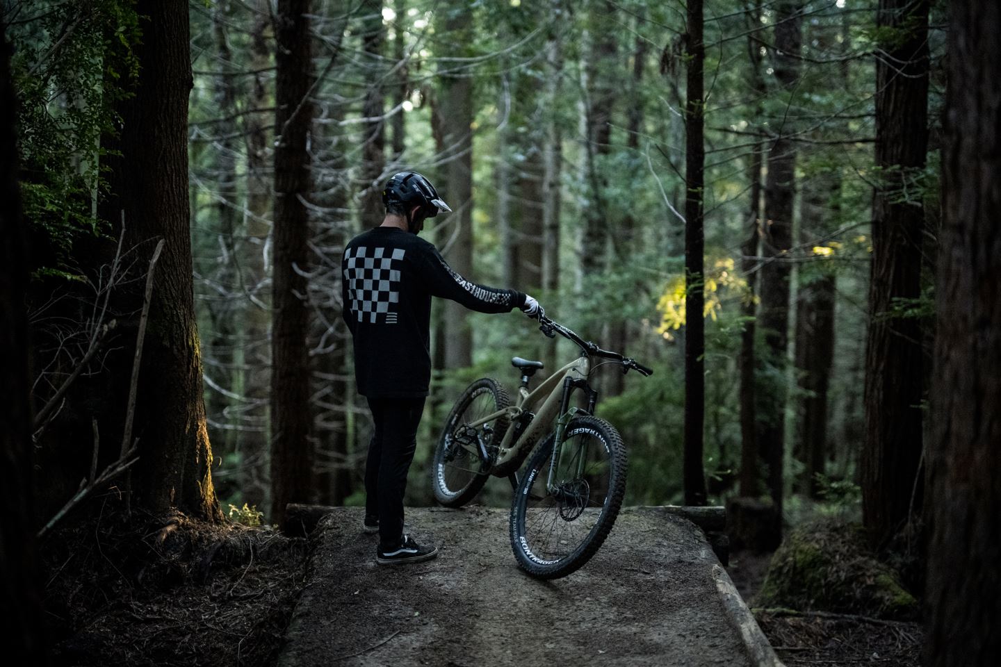 R-Dog looking at a jump with his Trek Fuel EXe.