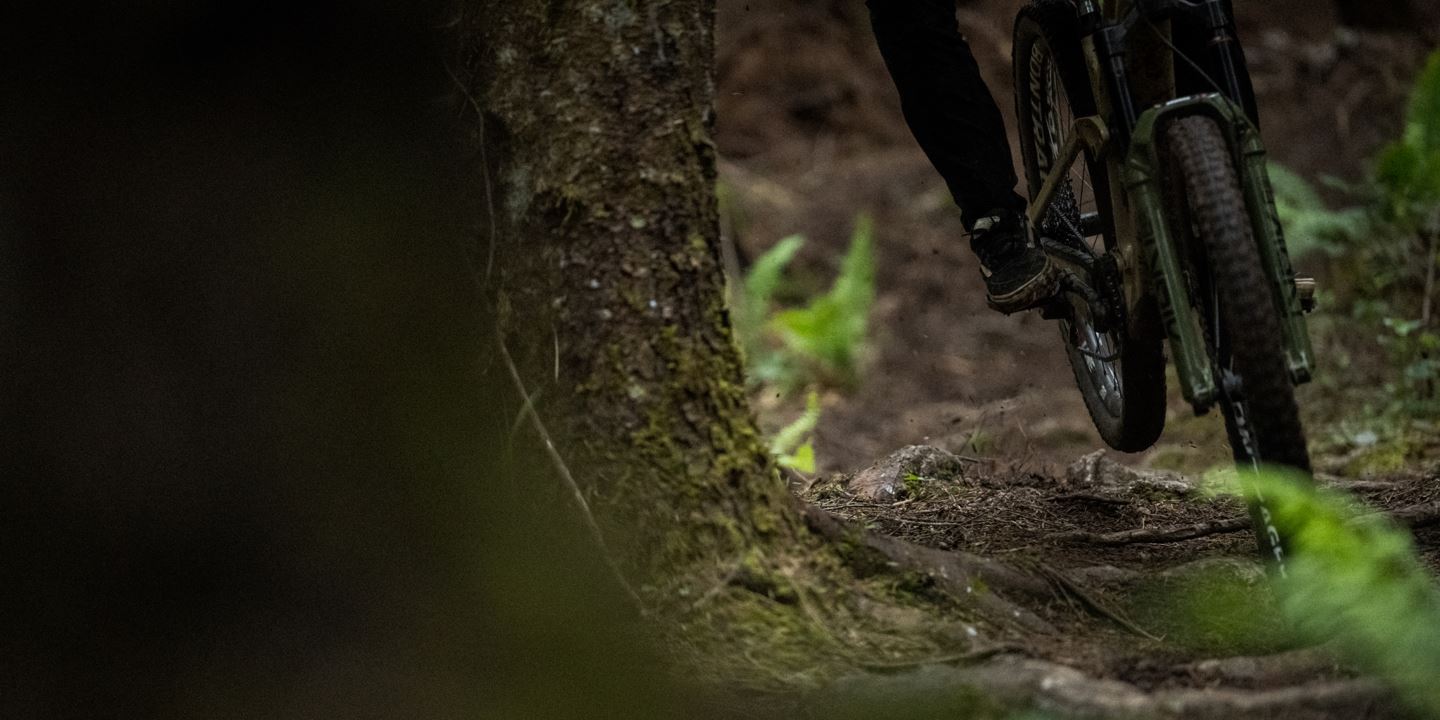 Front view of R-Dog's Heavy Meadow Green Lyrik riding over roots.