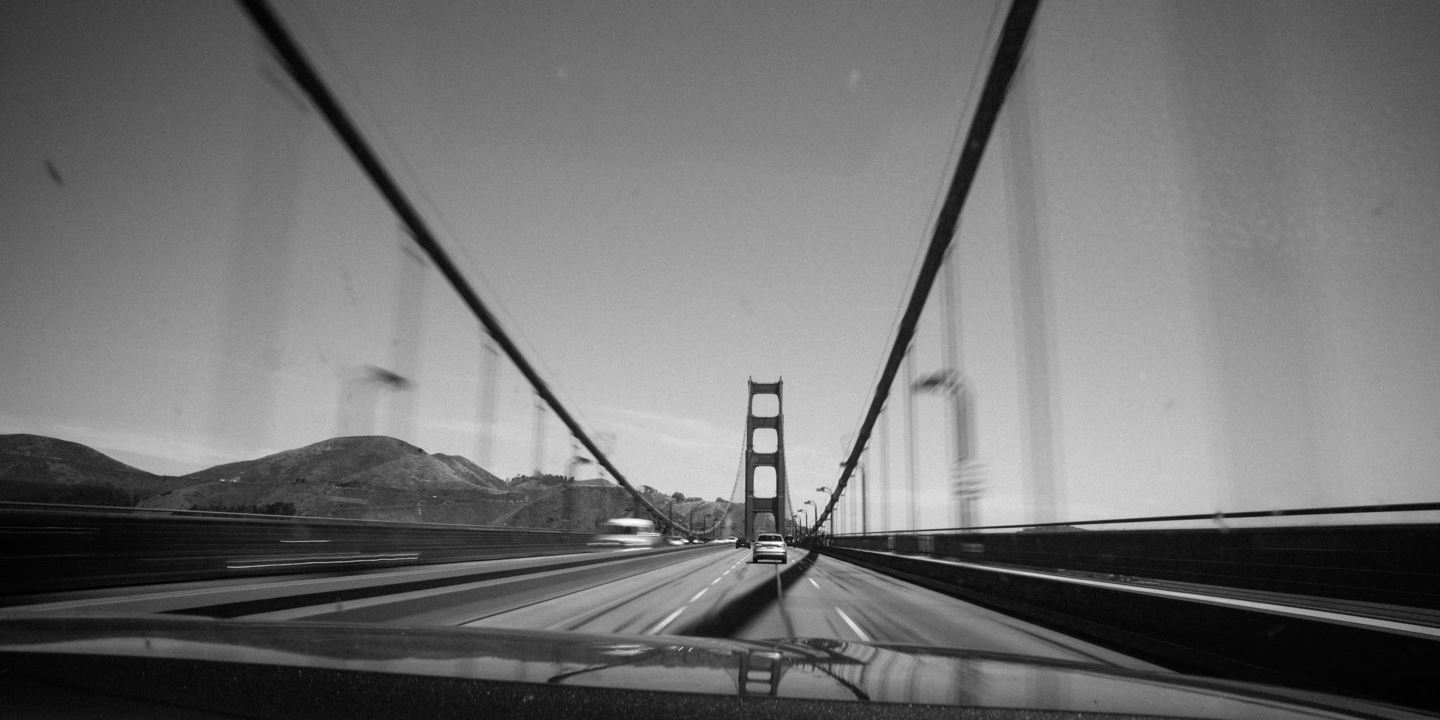 Point of view driving across the Golden Gate Bridge.