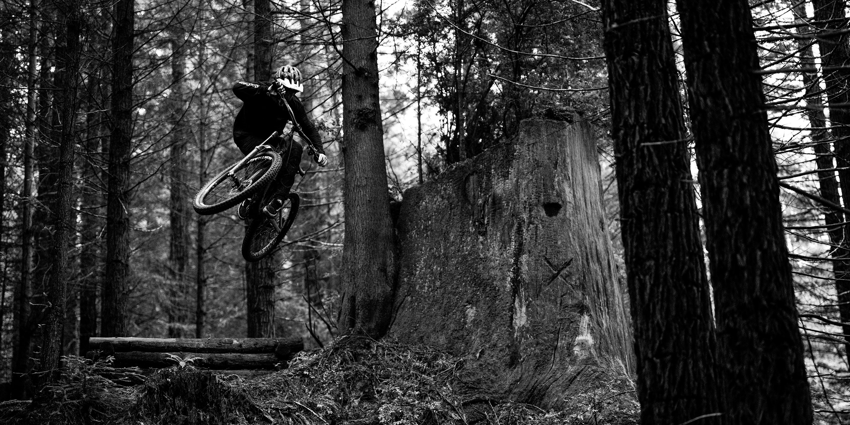 Black and white front review of R-Dog hitting a jump.