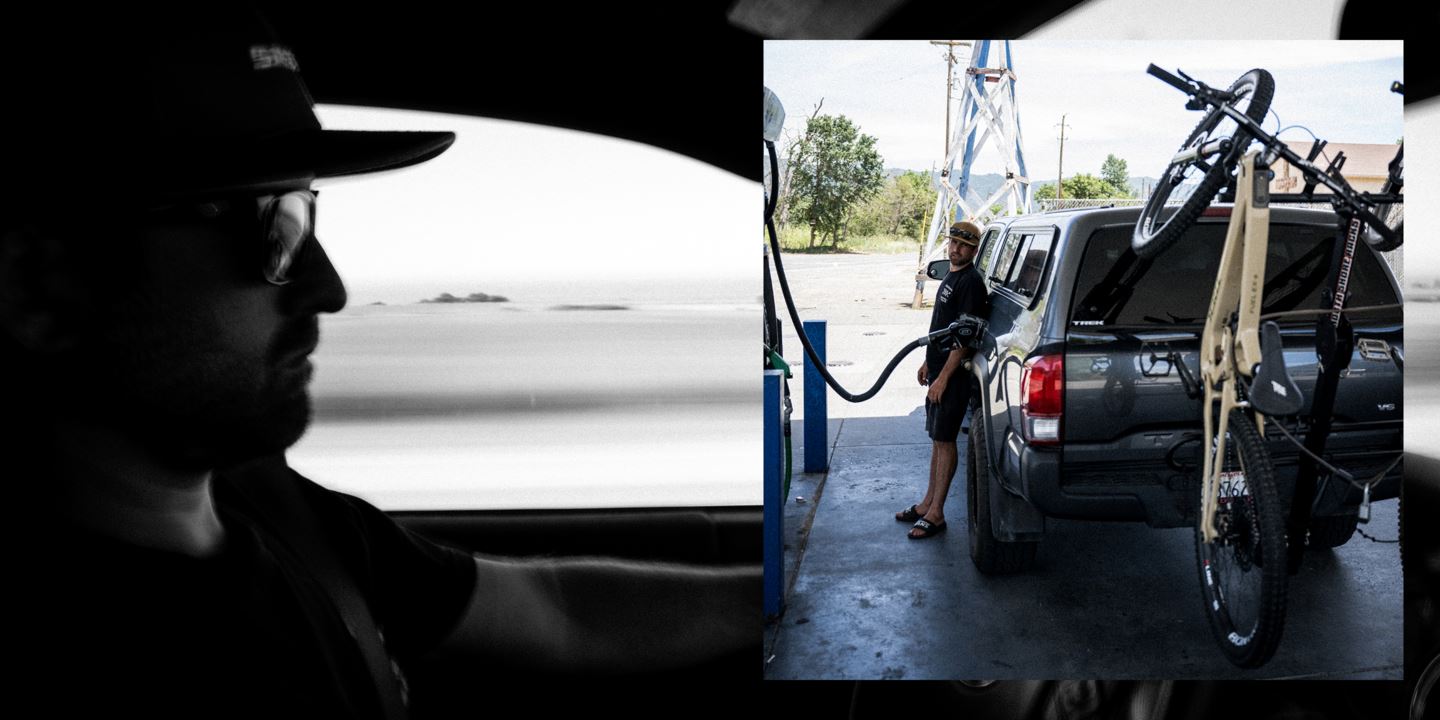 R-Dog road tripping in his Tacoma and filling up for gas.