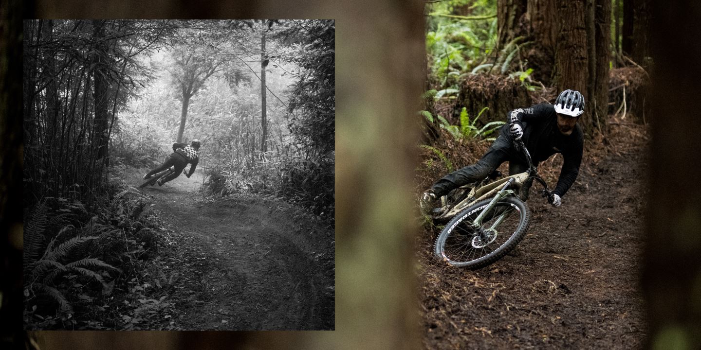Front and back view of R-Dog shredding on a Heavy Meadow Green Lyrik and Trek Fuel EXe.