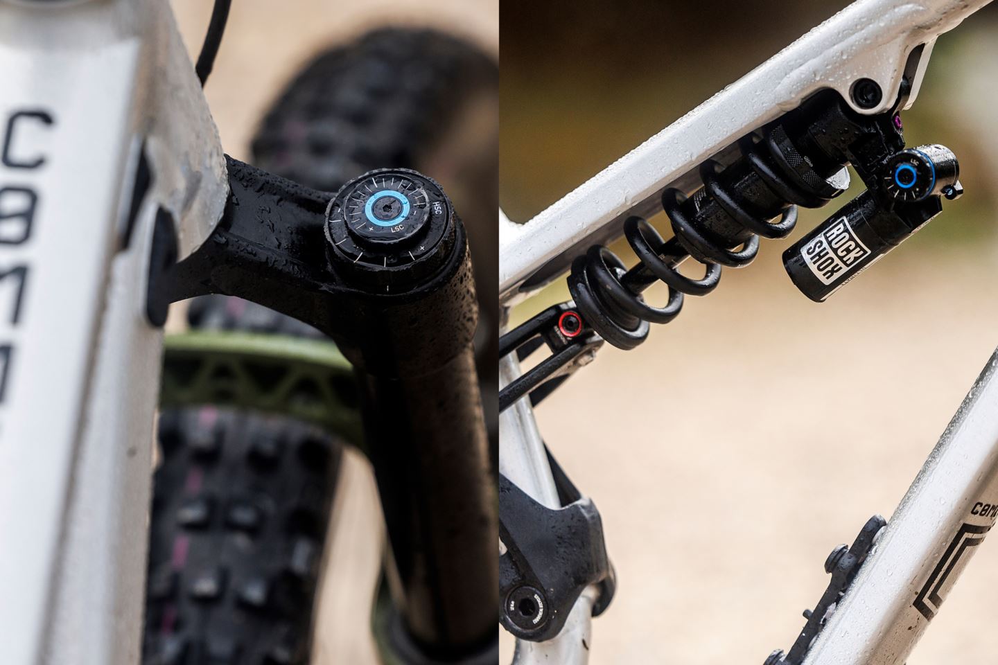 (Left) Close-up of Charger 3 damper  on Cécile Ravanel's Commencal Meta TR. (Right) Close-up of Super Deluxe Coil Ultimate.