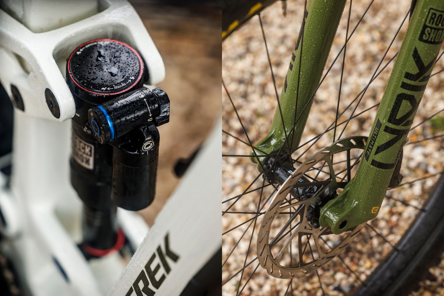 (Left) Close-up of Super Deluxe Ultimate rear shock on Vali Höll's Trek Fuel EX. (Right) Close-up of lower legs on Lyrik Ultimate.