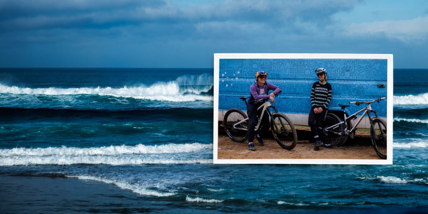 (Picture) Vali Höll and Cécile in front of a surf school bus. (Background) Waves on the coastline of Portugal.