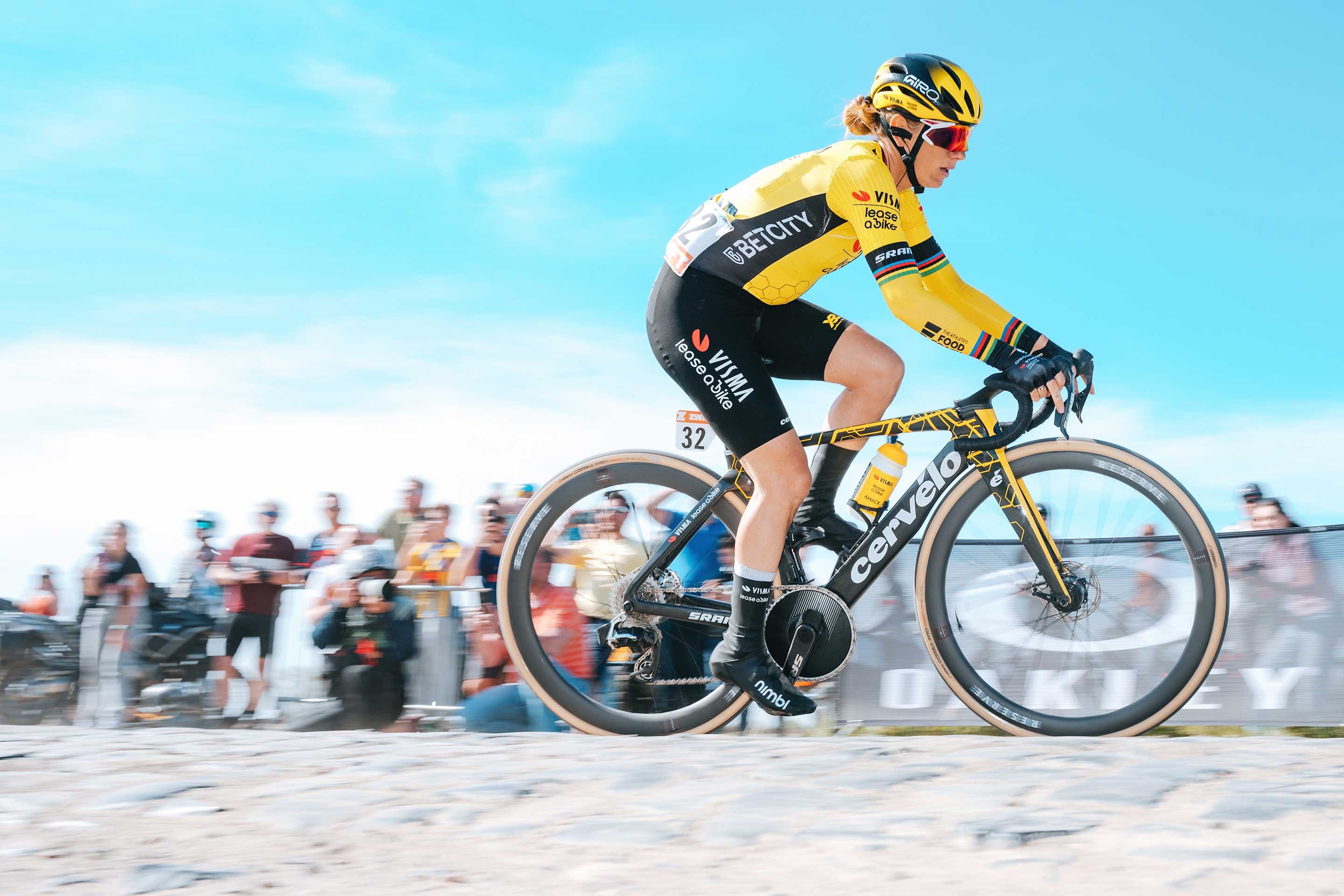 Pauline Ferrand Prévot races alone over the cobbles of Roubaix.