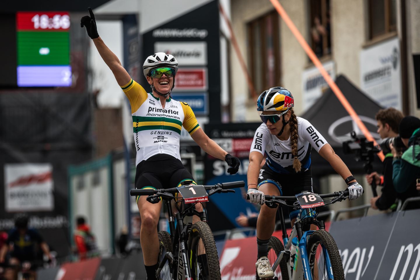 Rebecca McConnell and Pauline Ferrand-Prevot crossing the finishing line of Albstadt XCC.