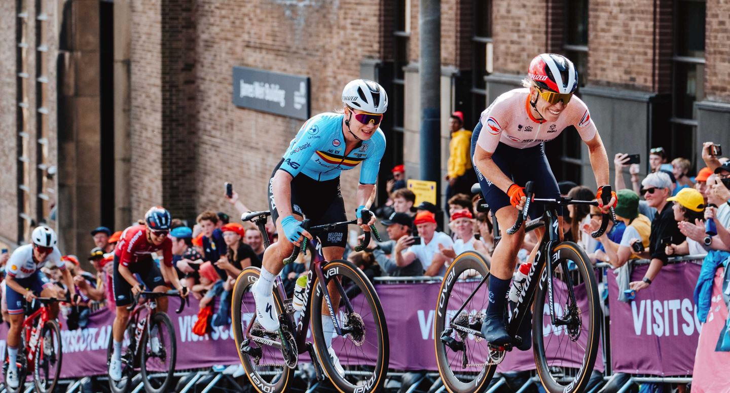 Demi Vollering and Lotte Kopecky climb the Mur de Montrose during the road world championships