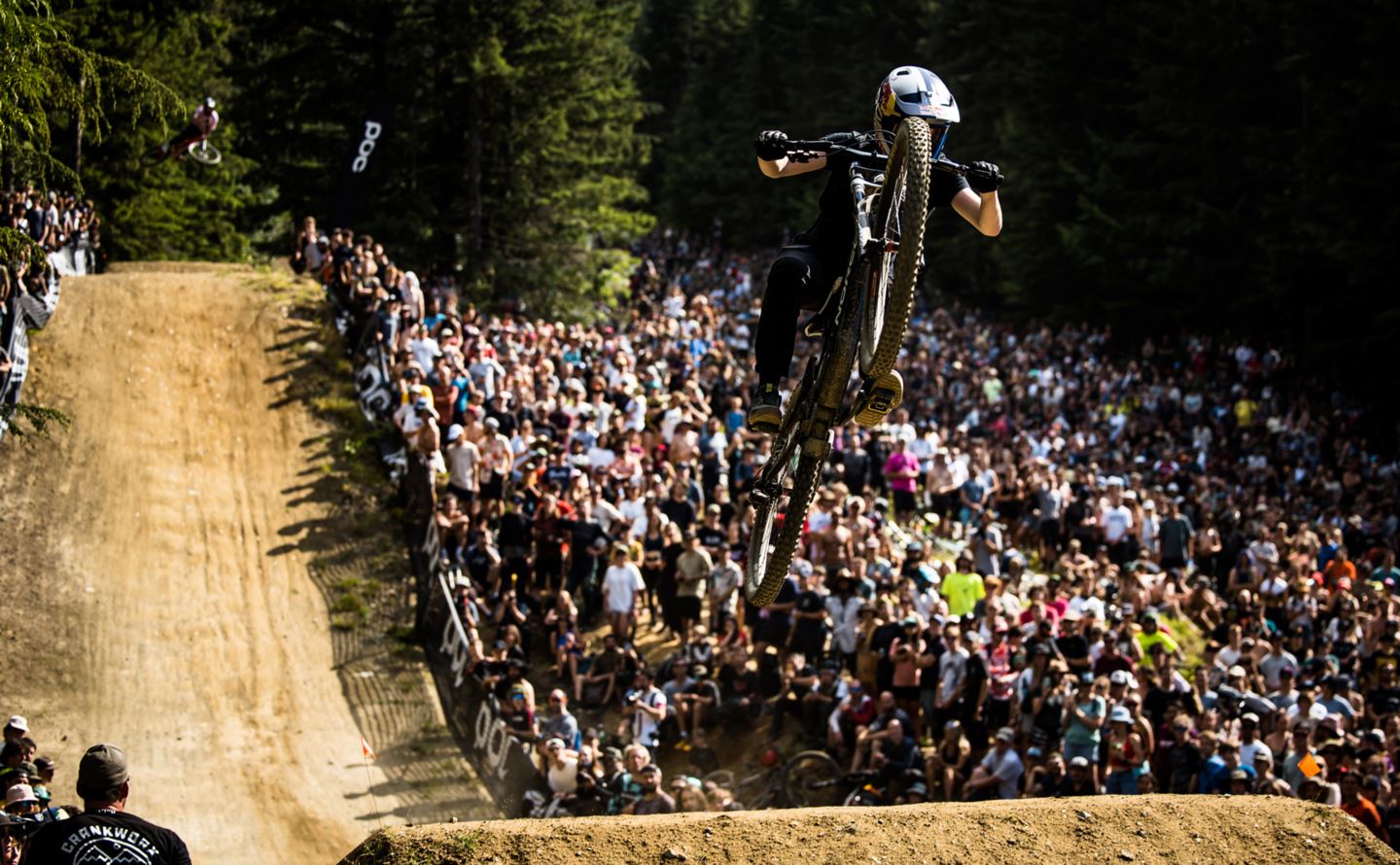 Gracy Hemsteet in front of a crowd at Crankworx Whistler 2022