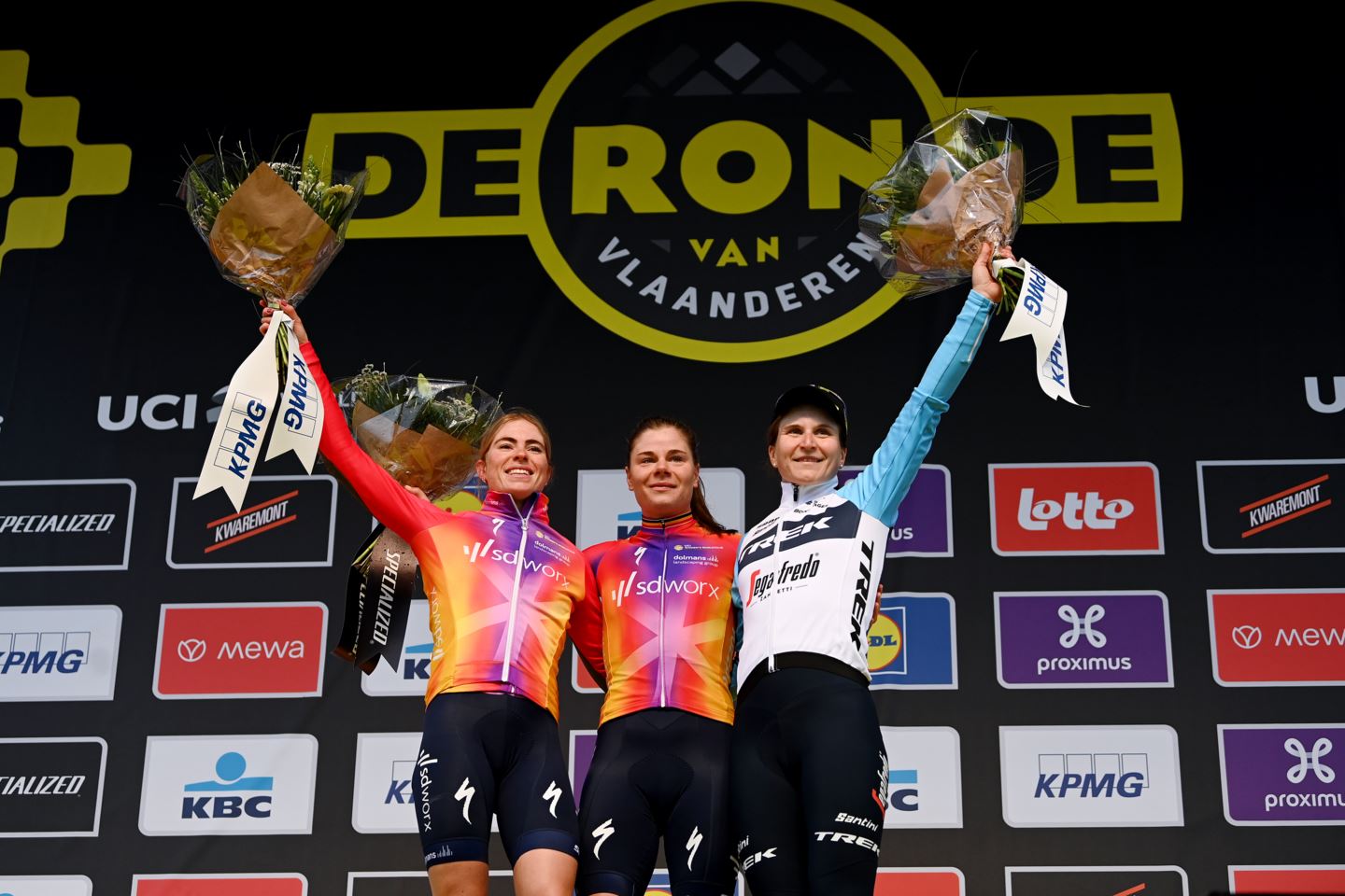 The podium at the Tour of Flanders 2023.