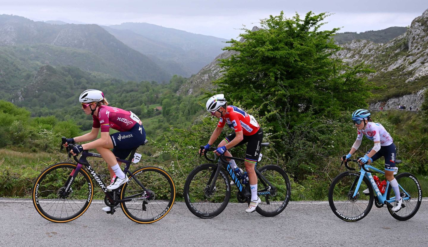 The three podium finishers of the Vuelta Femenina race up Lagos de Covadonga