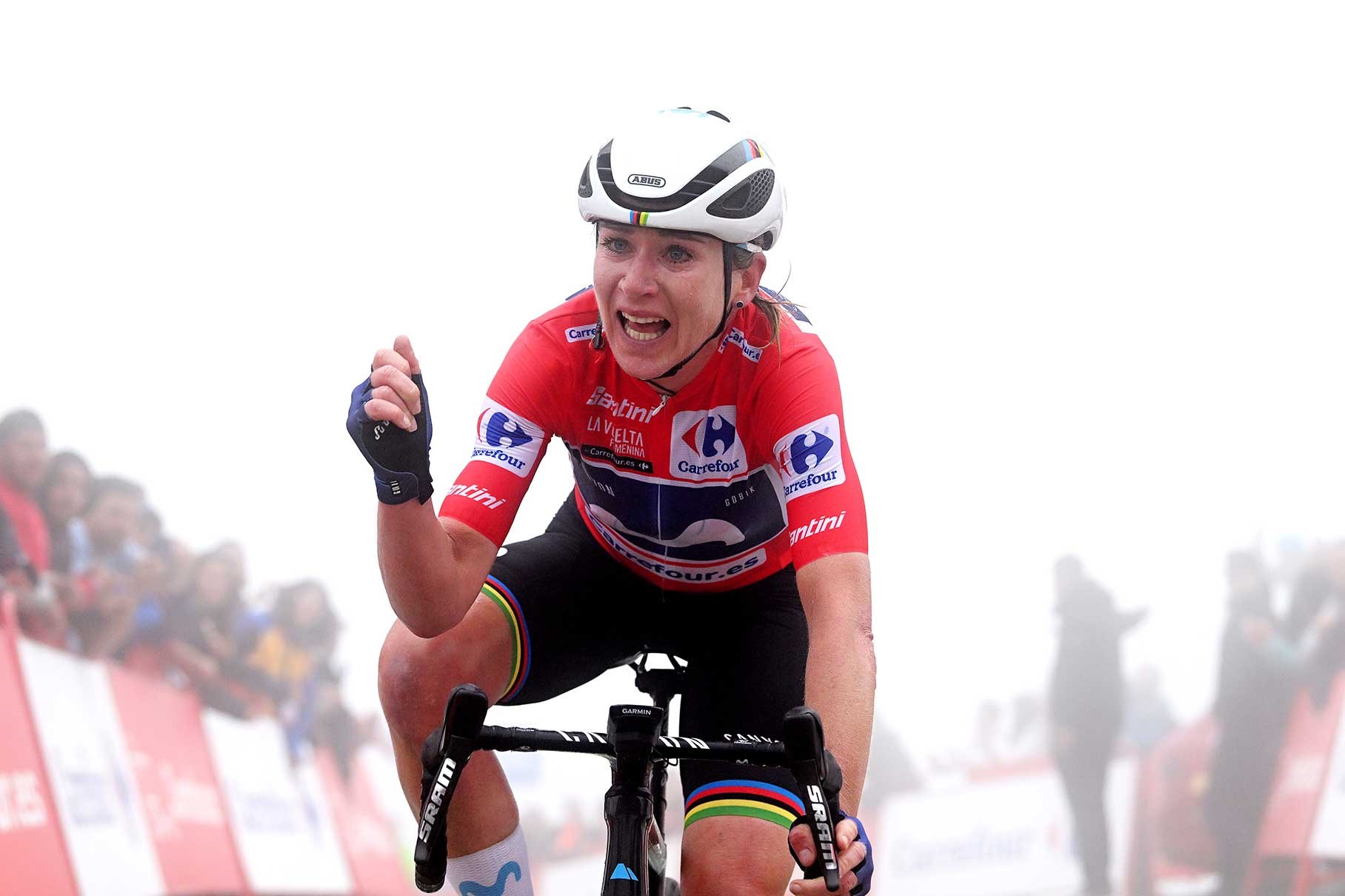 Annemiek van Vleuten celebrates after clinching the Vuelta win