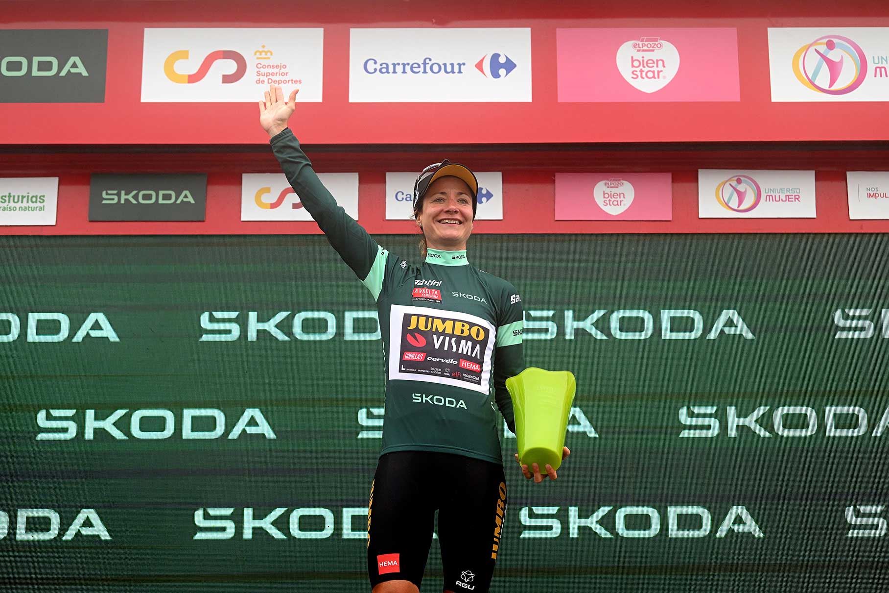 Marianne Vos on the podium for the green jersey at the Vuelta Femenina