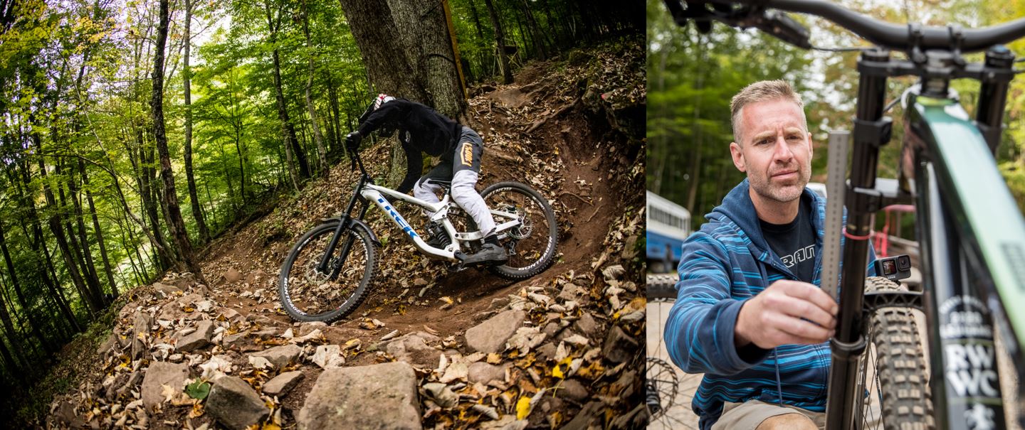 Athlete riding the track and Engineer measuring upper tubes