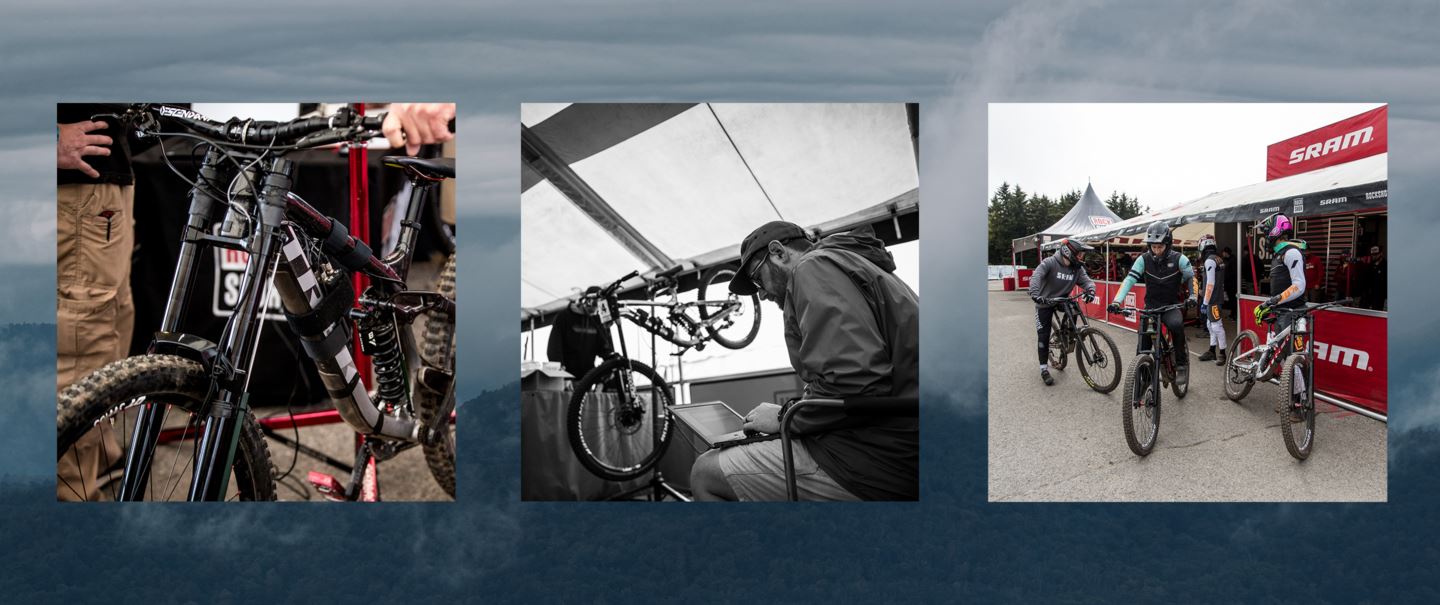 Bike with DAQ setup, Test Engineer analyzing data, and athletes heading out for test ride