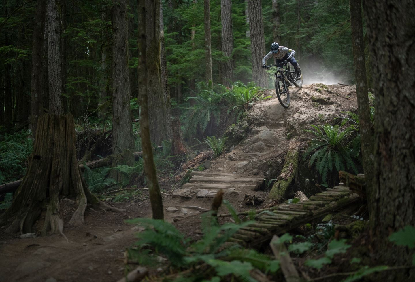 Mountain biker riding a rock face in the forest