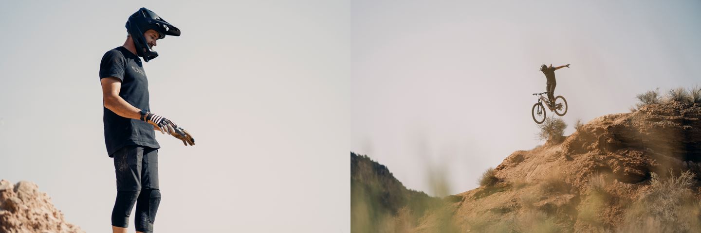 (Left) Braydon Bringhurst scoping a drop. (Right) Braydon Bringhurst sending a suicide no hander on big drop.