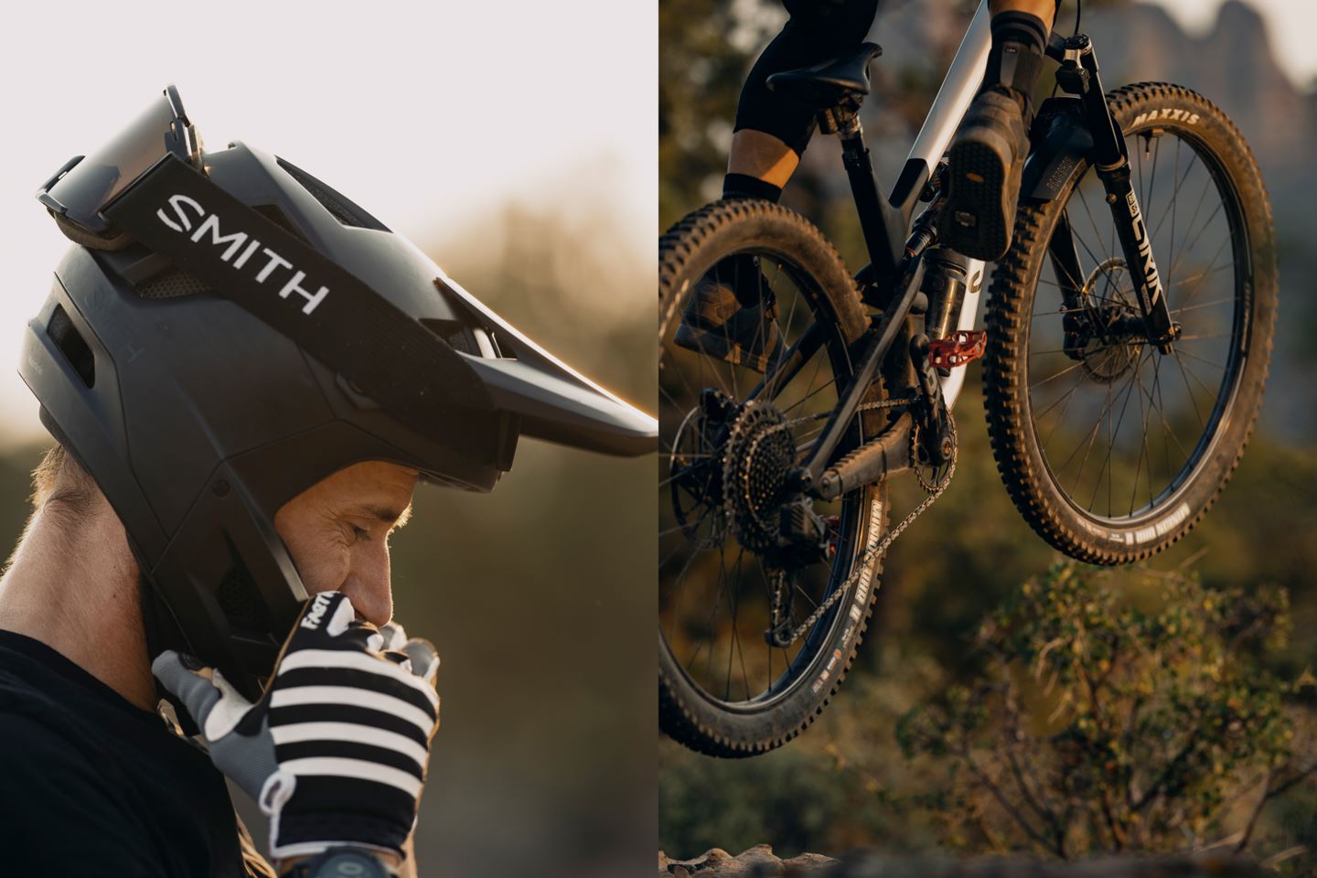 (Left) Side portrait of Braydon Bringhurst in full face helmet. (Right) Close-up of Braydon Bringhurst doing a pedal trick on Time pedals.