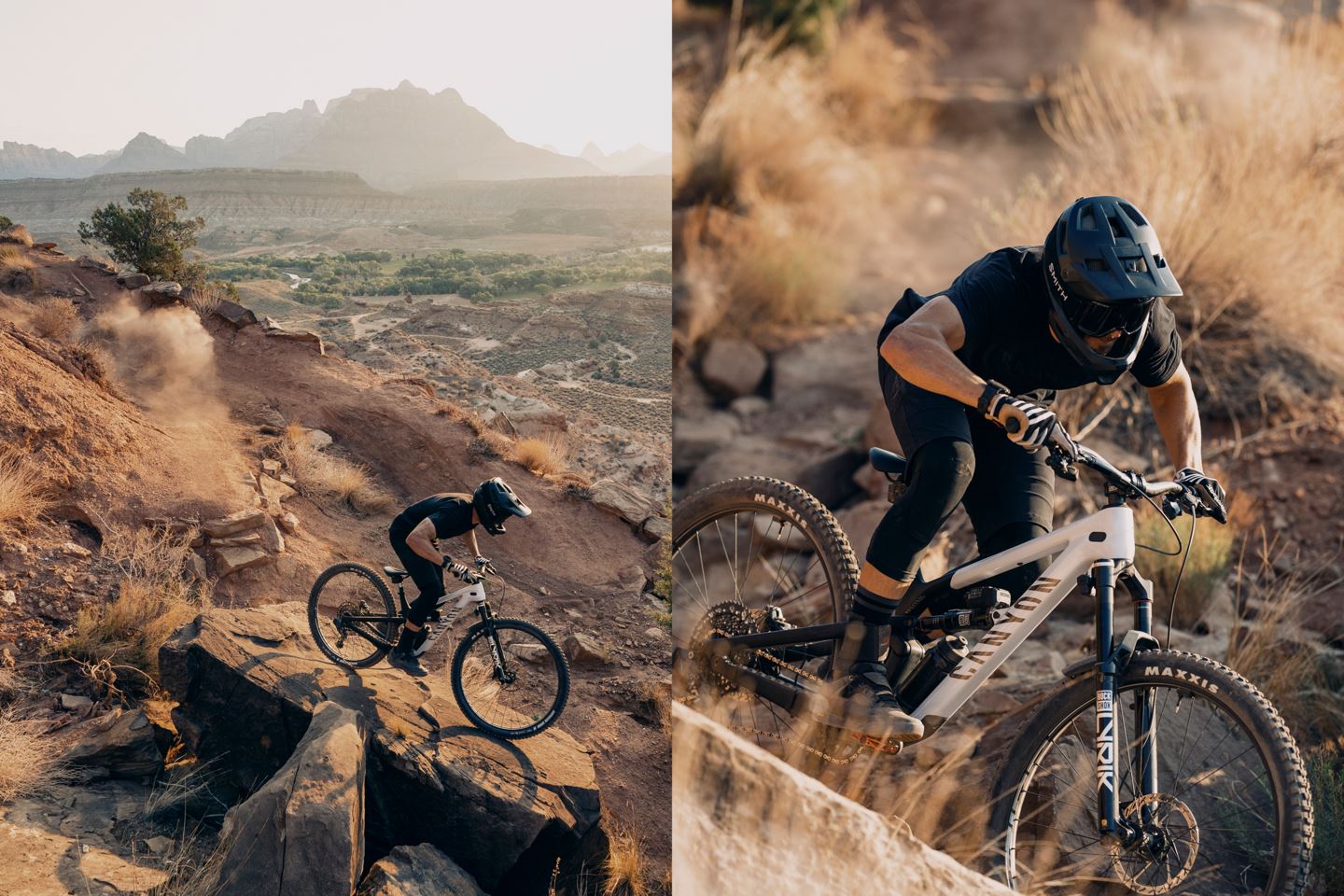 (Left) Braydon Bringhurst riding on rock slab on Grafton Mesa DH. (Right) Side view of Braydon Bringhurst riding Canyon Spectral with Flight Attendant.