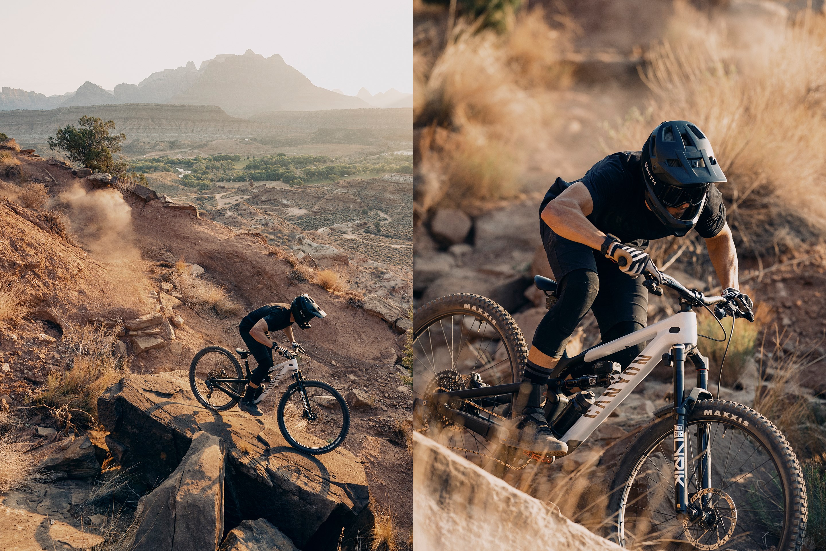 (Left) Braydon Bringhurst riding on rock slab on Grafton Mesa DH. (Right) Side view of Braydon Bringhurst riding Canyon Spectral with Flight Attendant.
