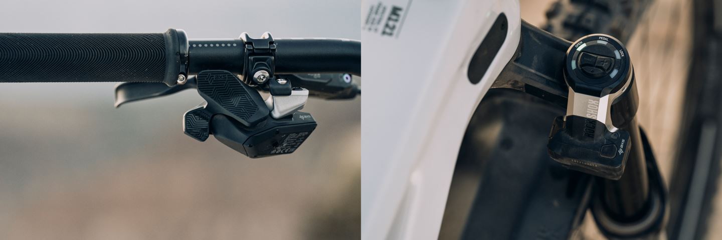 (Left) Super Deluxe Ultimate Flight Attendant rear shock on Canyon Spectral. (Right) Top down view of Lyrik Ultimate Flight Attendant Control Module.