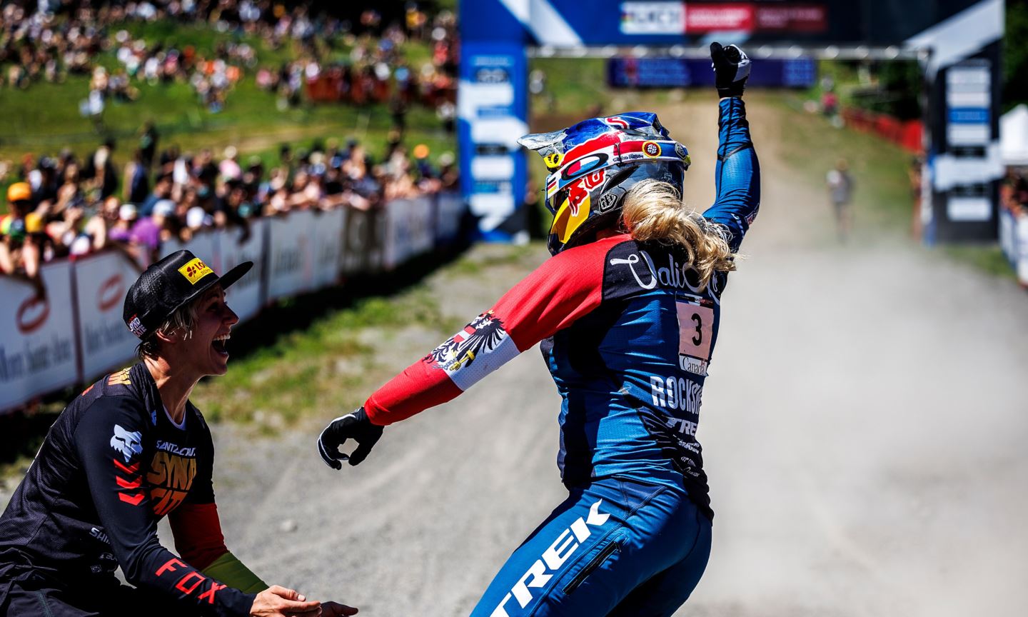 Vali Holl celebrates here mont sainte anne victory