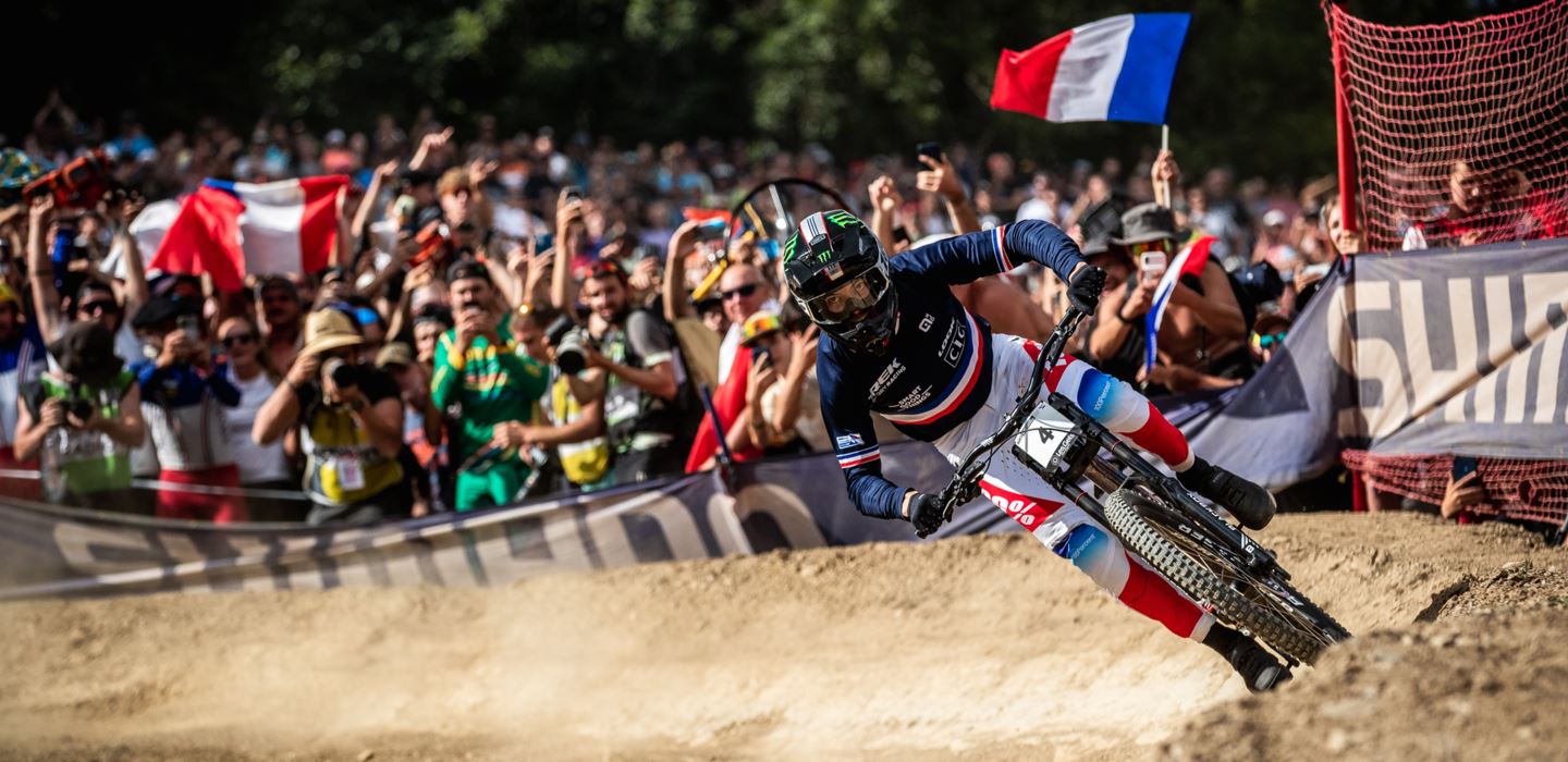 Loris Vergier in the final corner in the Elite Men's DH Finals.