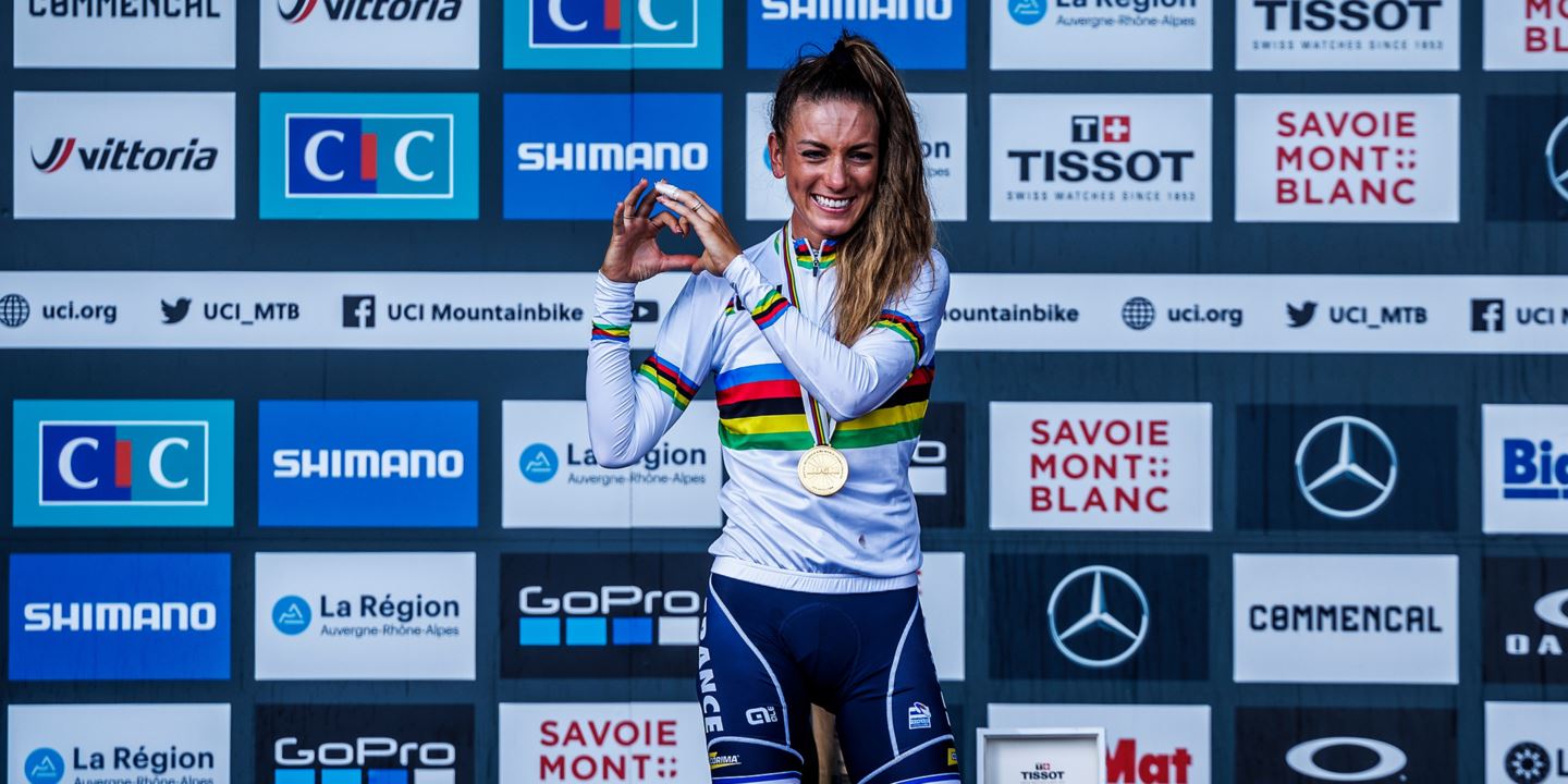 Pauline Ferrand-Prévot on the podium for her second World Championship of the weekend in XCO.
