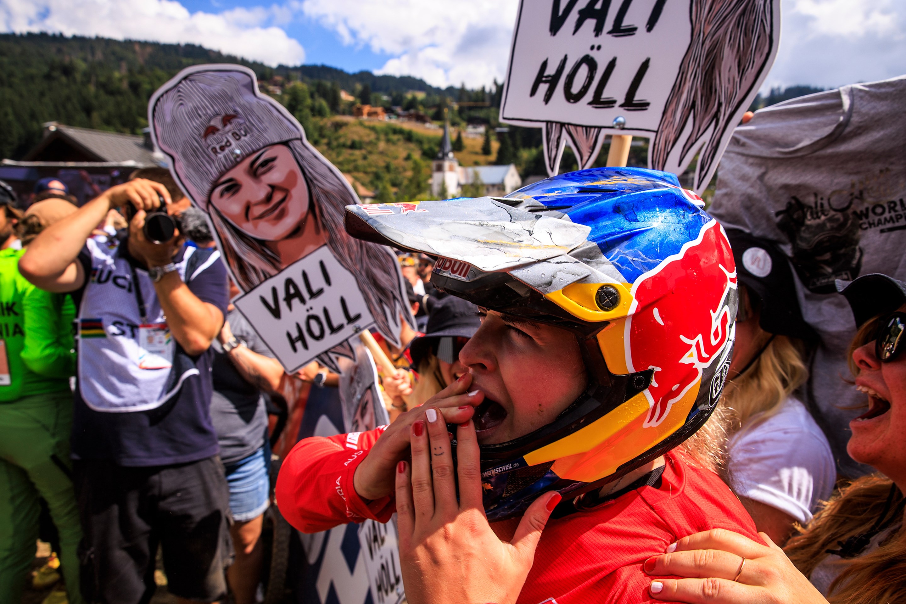 Vali Höll crying tears of joy after winning her first DH World Championship title as an Elite.