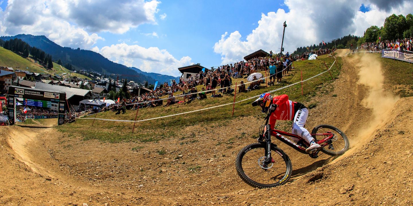 Vali in the final corner of her DH Finals run at World Championships in Les Gets.