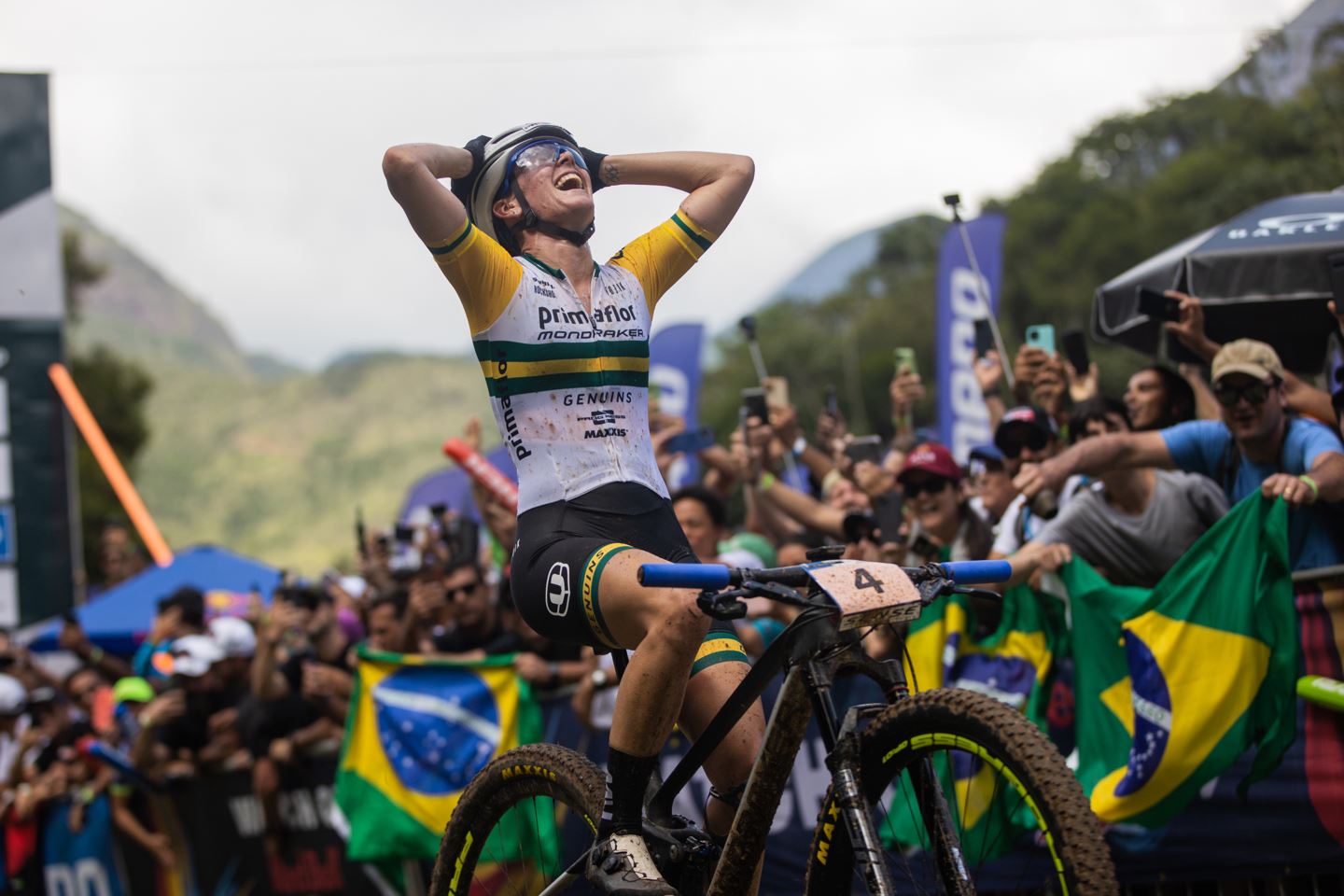 Rebecca McConnell elated after crossing the finish line winning her first World Cup.