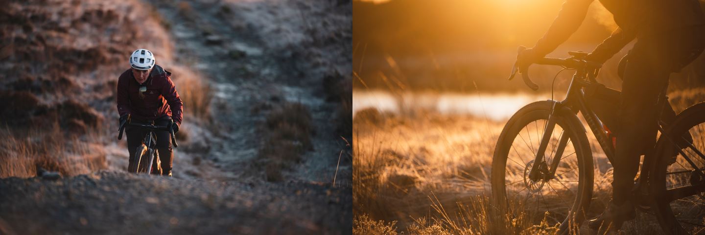 (Left) Front-on shot of Rachael Walker climbing up gravel road at sunset. (Right) Sunrise beams lighting up Juliana Quincy bike.