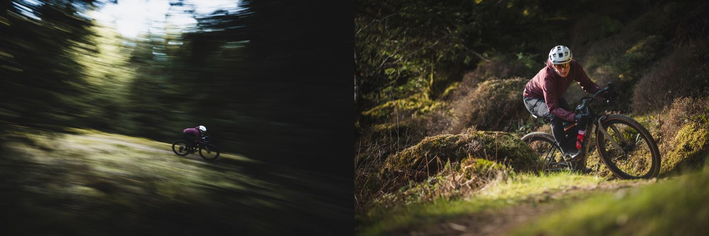 (Left) Pan shot of Rachael Walker riding a gravel bike in the dark woods. (Right) Rachael Walker ripping a mossy berm on a gravel bike.