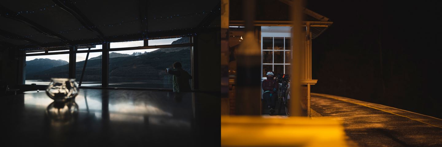 (Left) Fairy lights strung at dusk inside a bar. (Right) Rachael Walker waiting for the train to arrive.