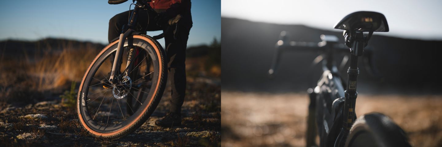 (Left) A three-quarter view of Rudy Ultimate gravel fork. (Left) A rear view of the Reverb AXS XPLR dropper post.