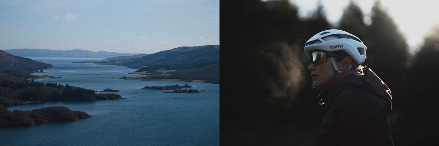 (Left) Panoramic Vista of a lock. (Right) Side portrait of Rachael Walker with breath showing in cold morning.