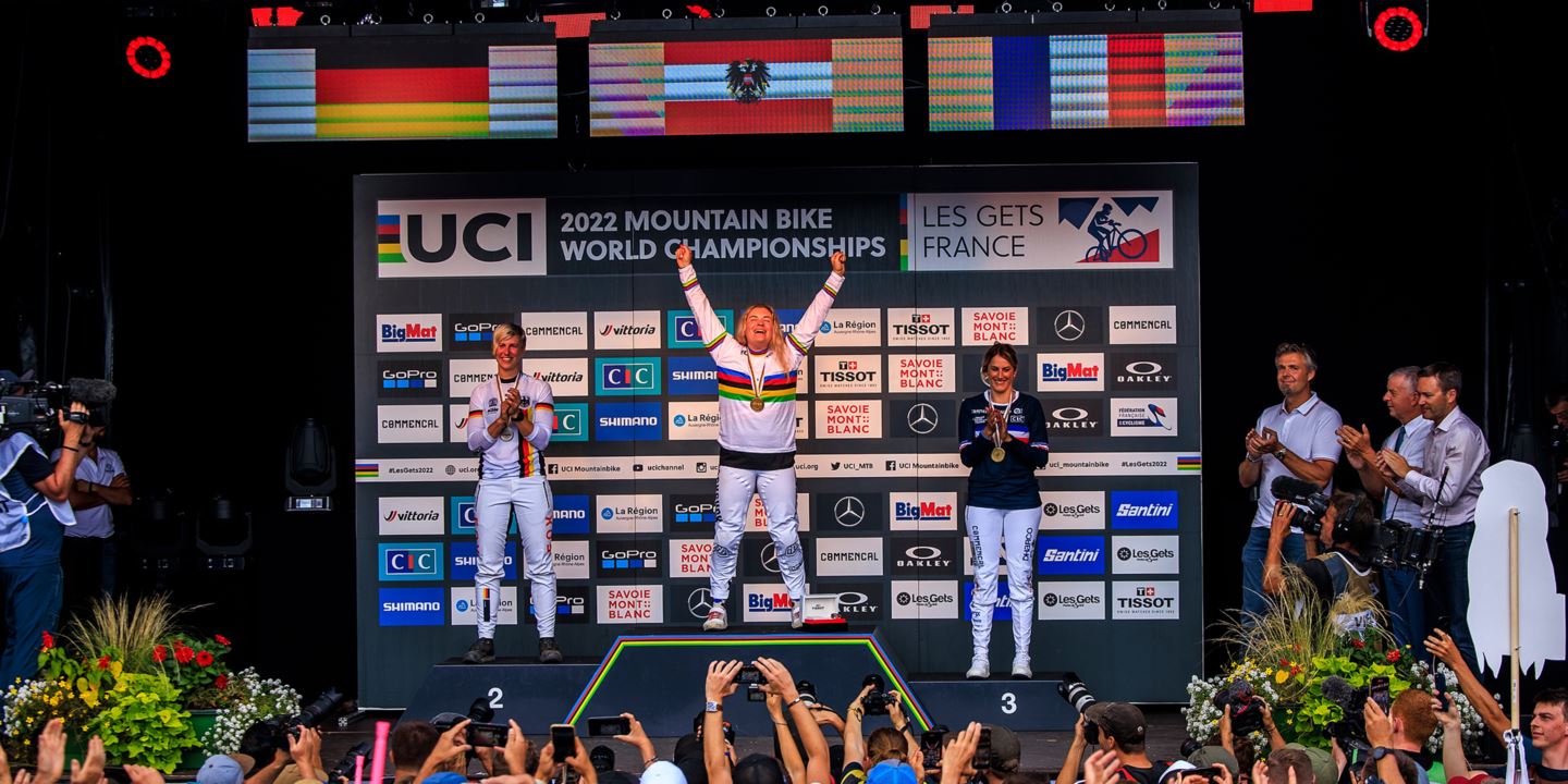 UCI World Championship Elite Women's podium: Vali Höll 1st, Nina Hoffman 2nd, Myriam Nicole 3rd.