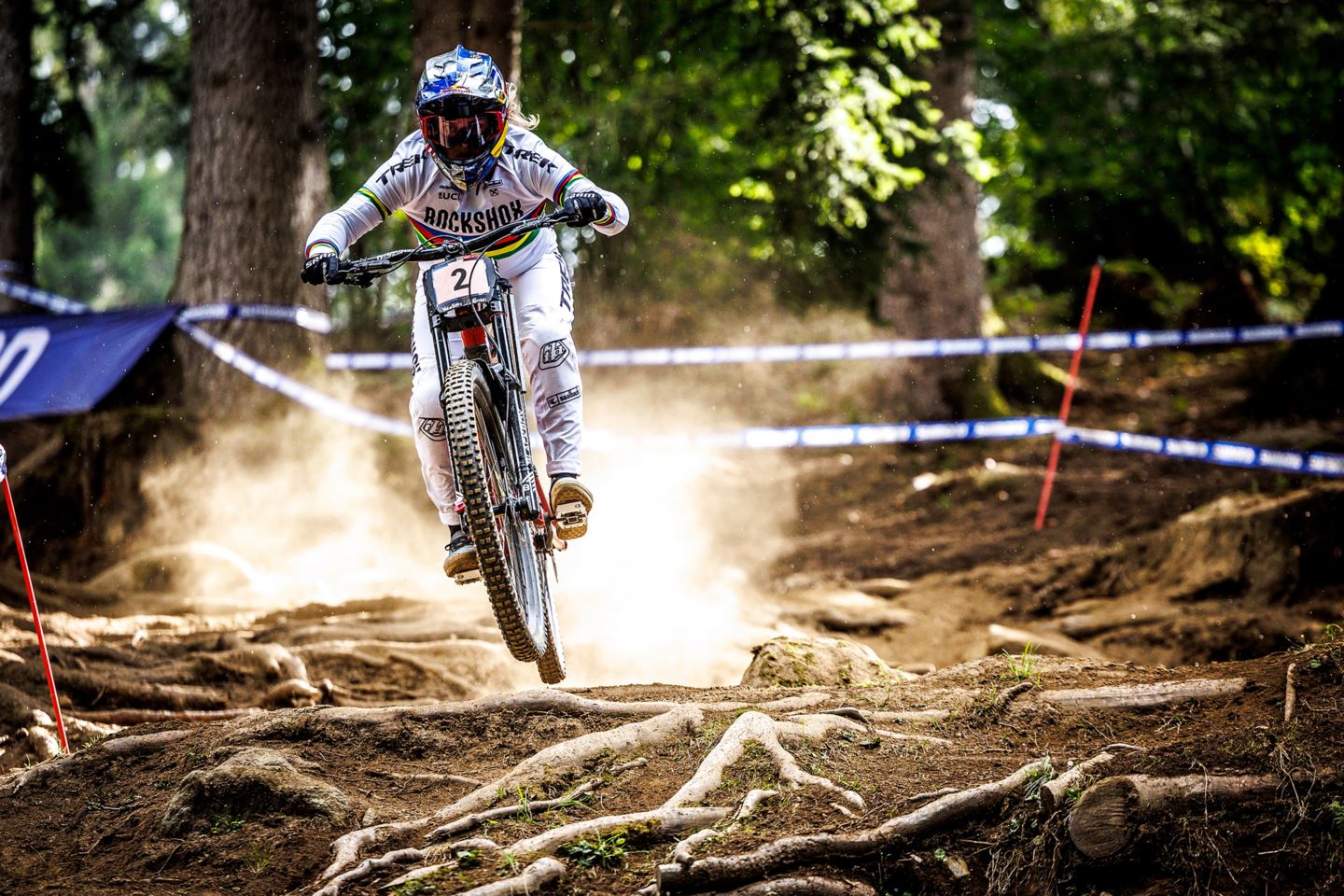 Vali Höll practicing in Val di Sole in her new rainbow stripes jersey.