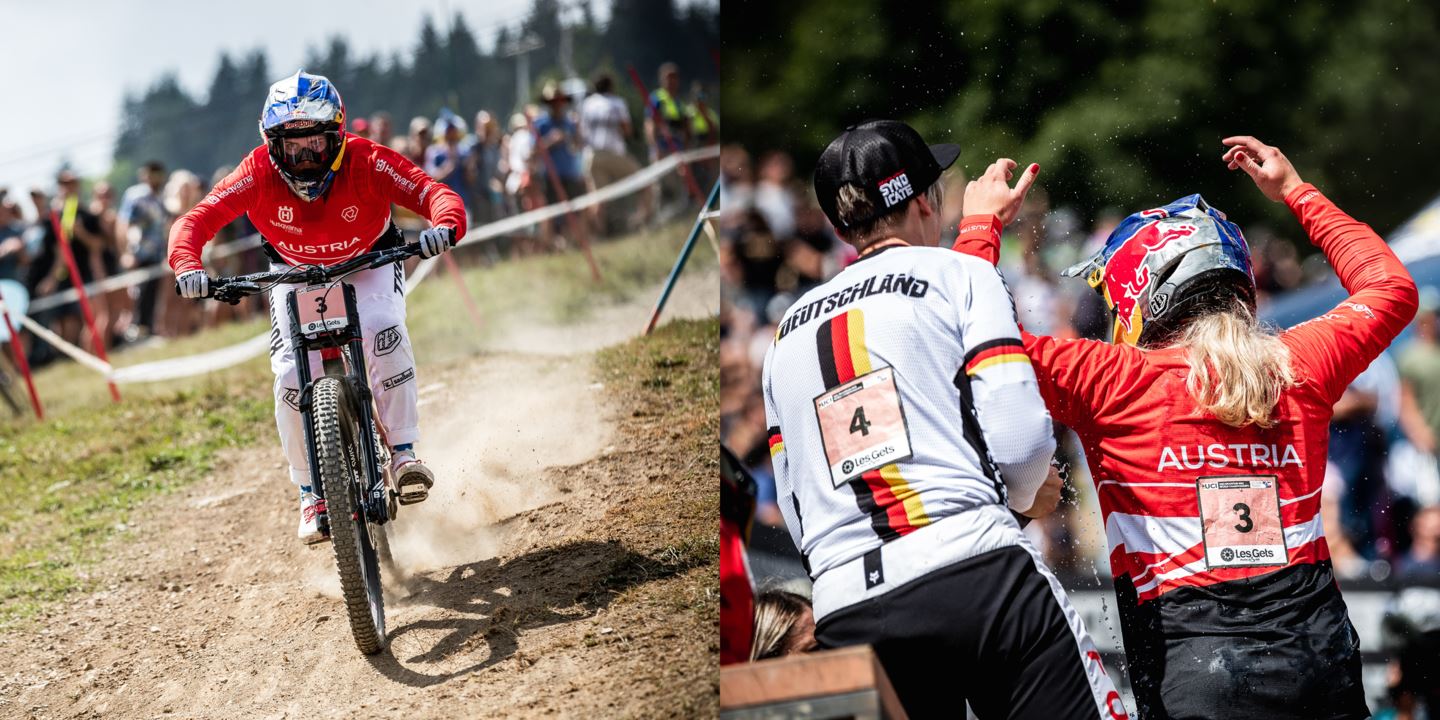 (Left) Vali Höll in her World Championship run. (Right) Vali Höll celebrating with Nina Hoffman.