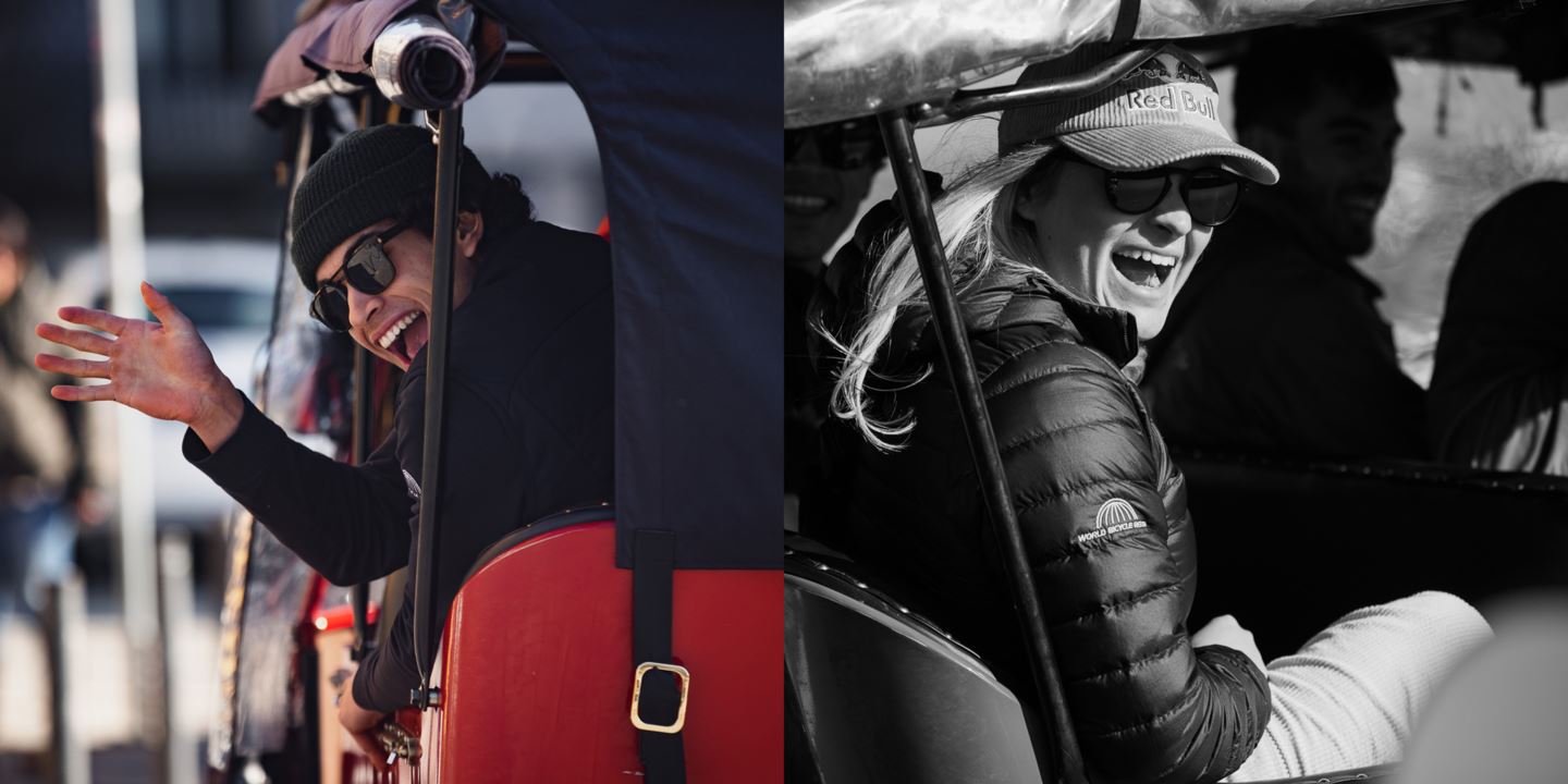 (Left) Tegan Cruz waving out of the tuktuk. (Right) Vali Höll smiling sitting in the tuktuk.