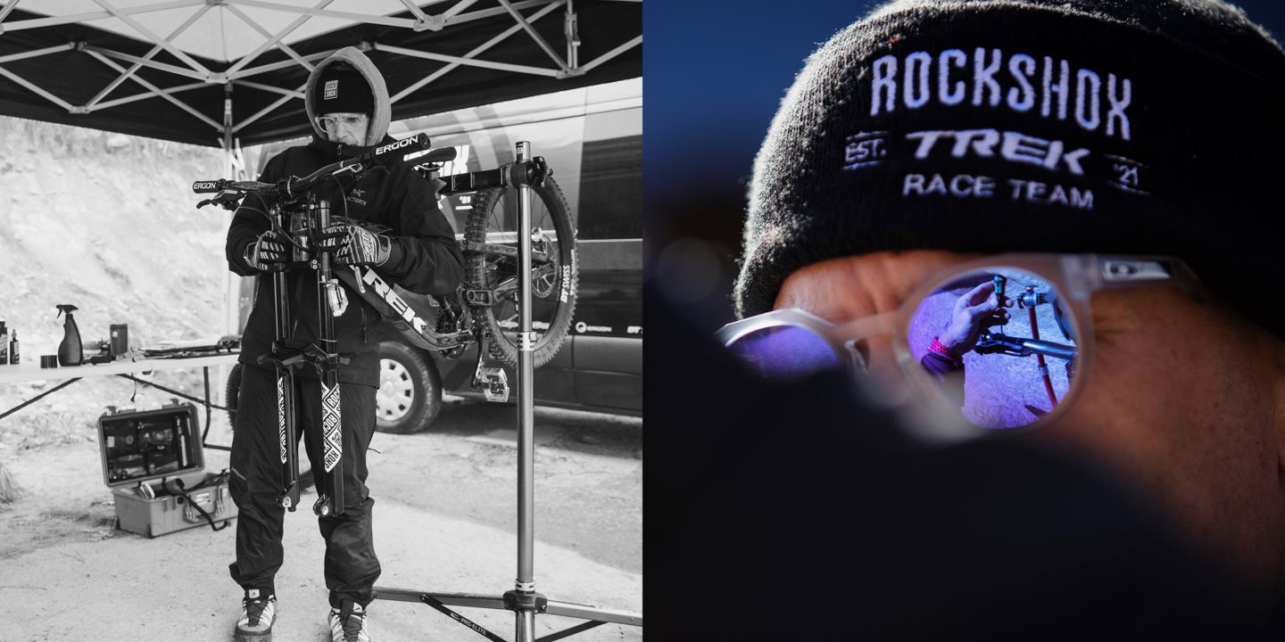 (Left) JT Evans working on Tegan Cruz's bike. (Right) Reflection of JT Evan's hand working on a bike.