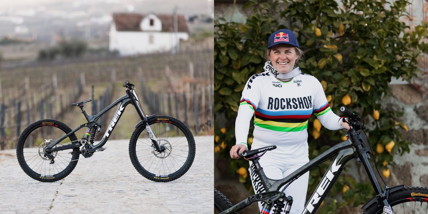 (Left) Vali Höll's special edition World Champion Trek Session. (Right) Vali posing with her Trek session in front of a lemon tree in her World Champion jersey.