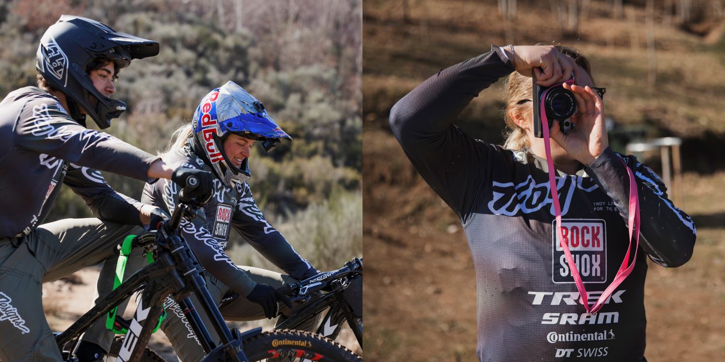 (Left) Vali and Tegan taking a break while testing. (Right) Vali Höll with her camera in the pits.