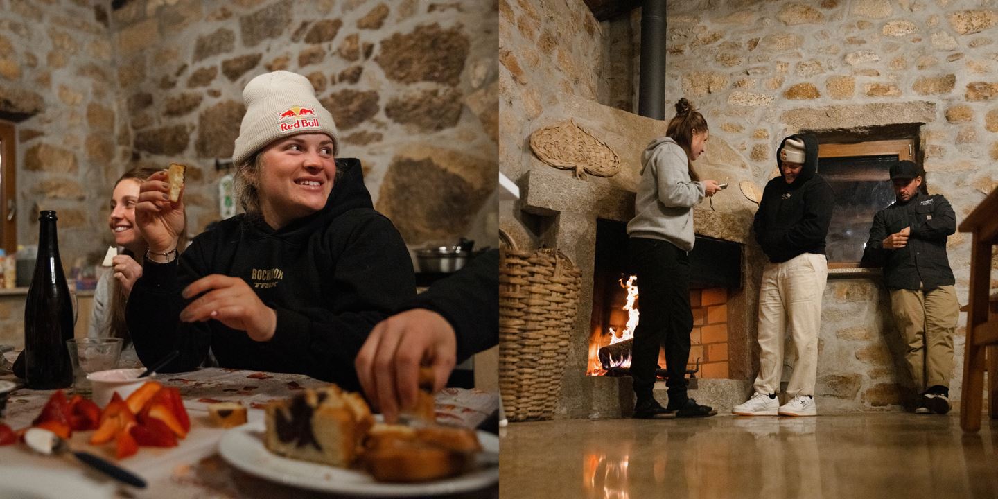 (Left) Vali Höll smiling at the family dinner in Tarouca, Portugal. (Right) Vali Höll, Chloe Gallean, and Mat Gallean standing in front of a stone fireplace.