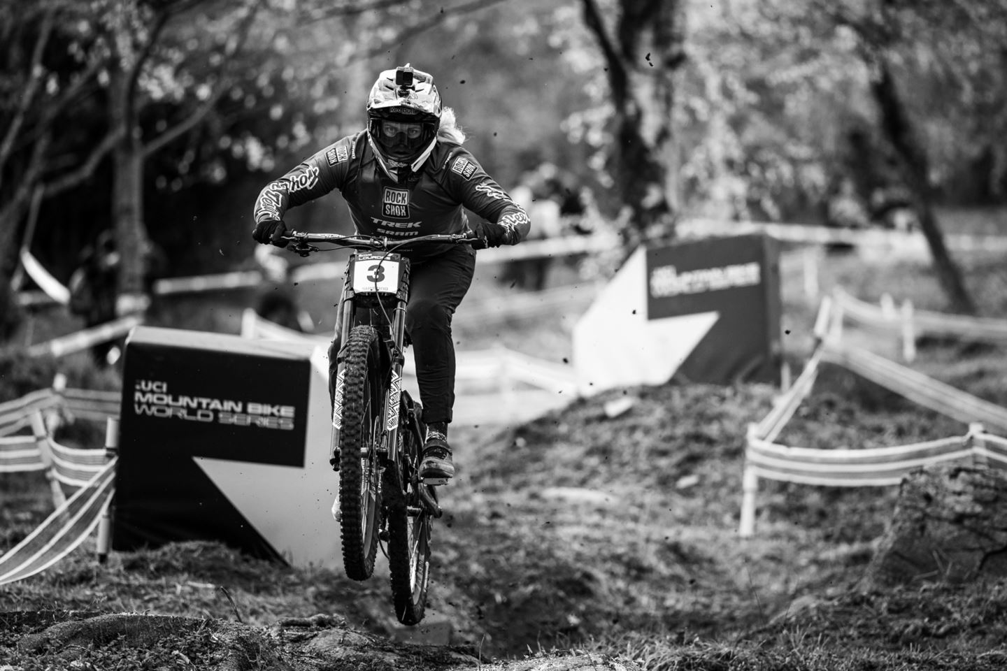 Vali Höll looking intense in her race run at the UCI Test event in Lourdes, France.