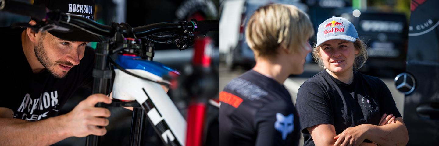 (Left) Mat Gallean installing a fork on Vali's Trek Session. (Right) Vali Höll talking with Nina Hoffman.