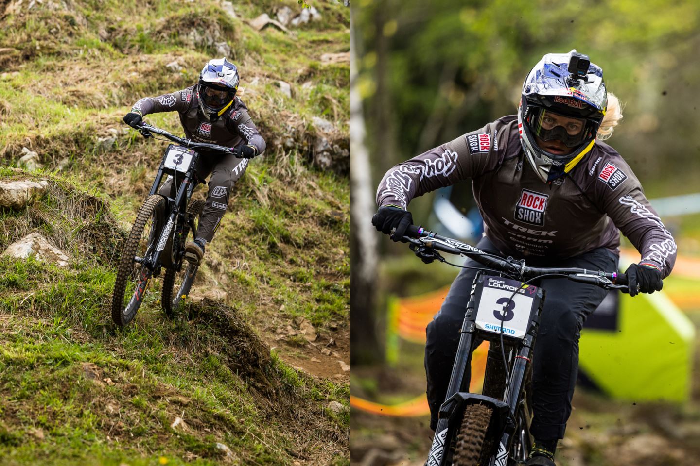 (Left) Vali riding on a grassy track at the UCI Test Event in Lourdes, France. (Right) A close-up shot of Vali practicing at the UCI Test Event in Lourdes, France.
