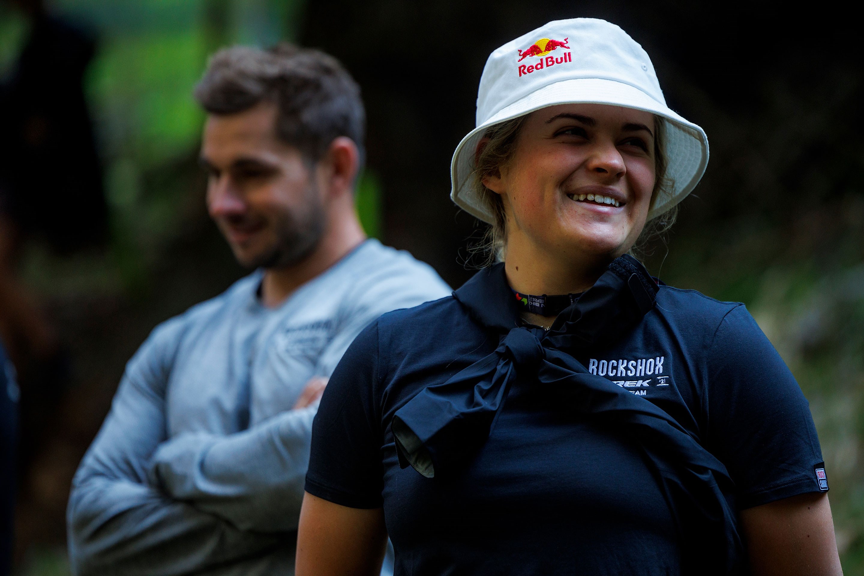 Vali Höll on the track walk looking happy to race. Vali's mechanic, Mat Gallean is out of focus in the background studying the track.