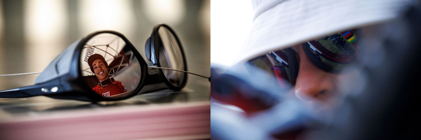 (Left) Reflection of Tegan Cruz in his glasses. (Right) Vali Höll looking through her sunglasses.